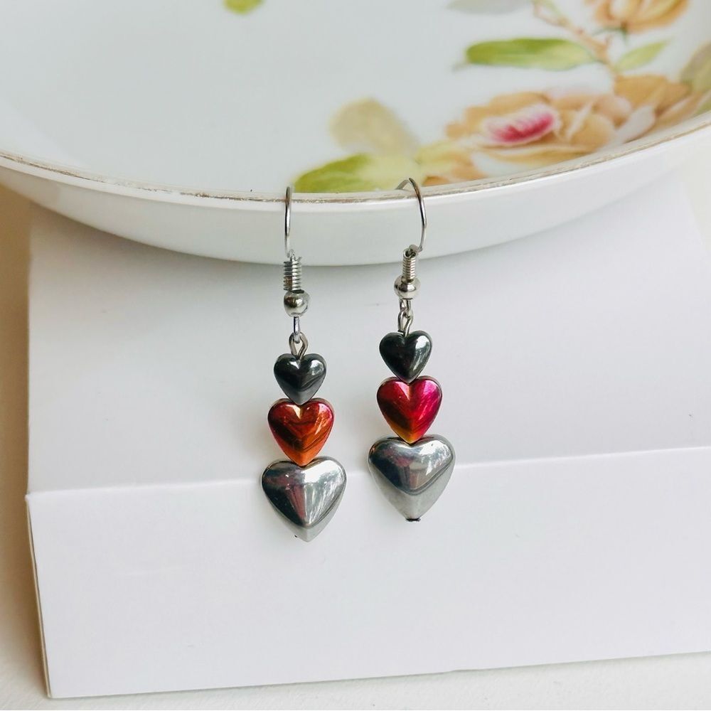 Harriet Ave Jewels earrings silver tone and red hematite heart dangle